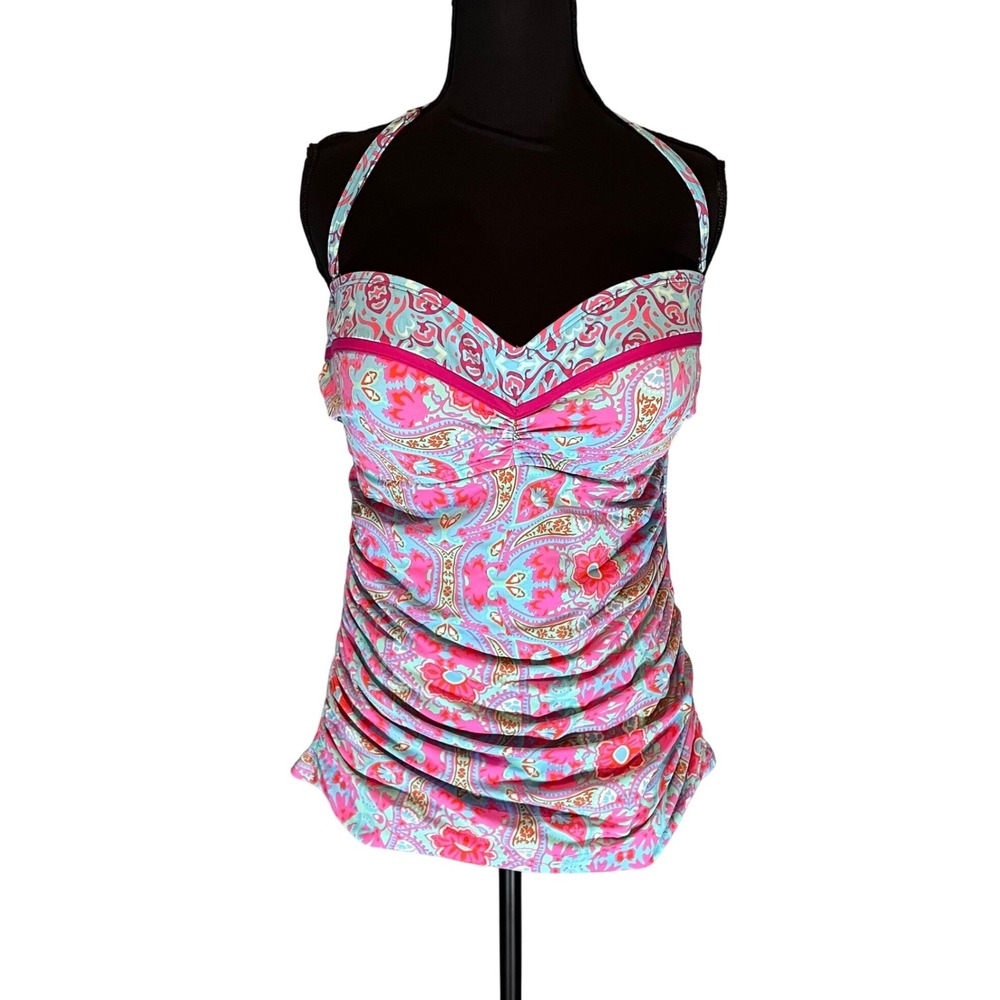 Bleu Rod Beattie Paisley Halter Tankini Top Pink Blue 14 Ruched Y2K Resortwear